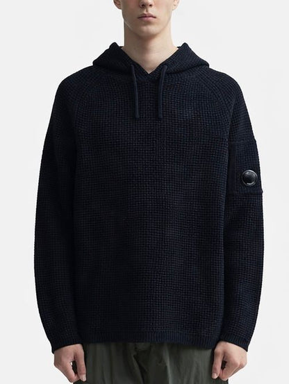 Cp Company Chenille Hooded Waffle Knit Lens Sweatshirt In Navy