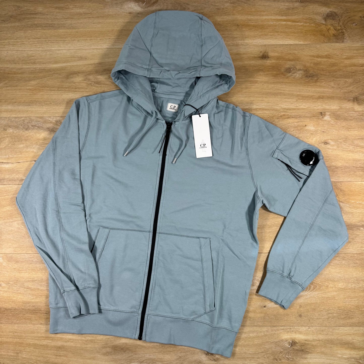 C.P. Company Light Fleece Zip Lens Hoodie in Silver Blue