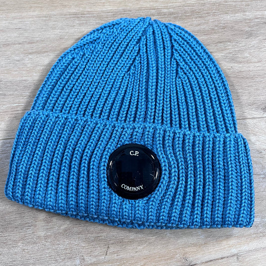 C.P. Company Extra Fine Merino Wool Lens Beanie in Aegean Blue