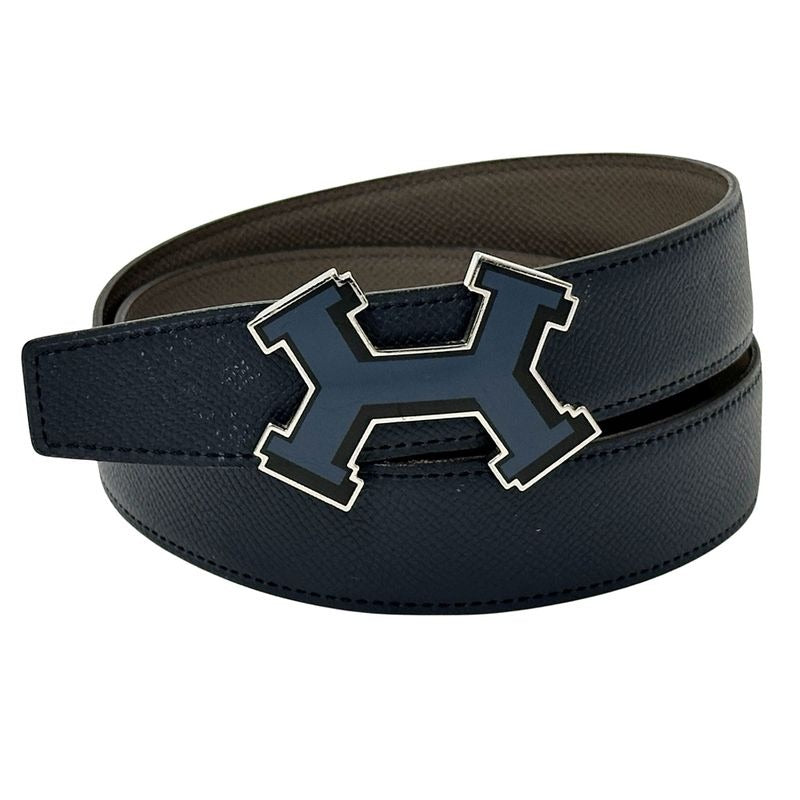 Hermes Belt Street H Leather Navy Gray Reversible