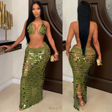 Load image into Gallery viewer, Trophy glam 3pcs bikini skirt set (Olive)
