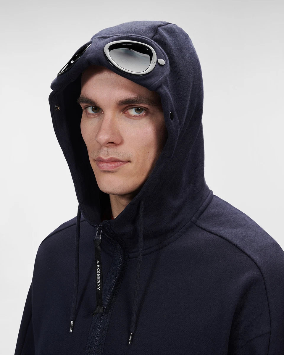 Cp Company Diagonal Raised Goggle Full Zip Hoodie In Navy