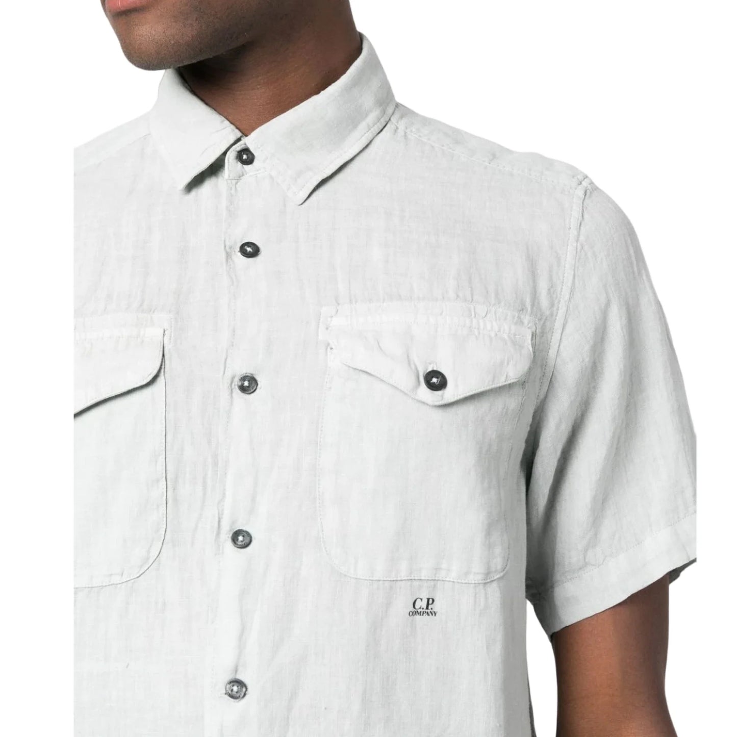 Cp Company Short Sleeve Logo Linen Shirt In White