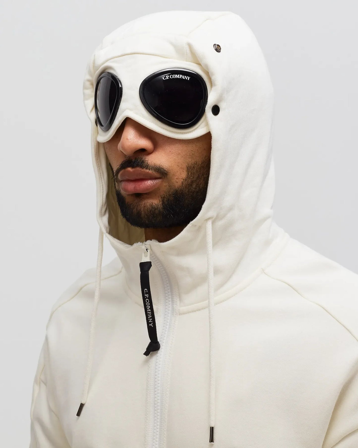 Cp Company Diagonal Raised Goggle Full Zip Hoodie In White