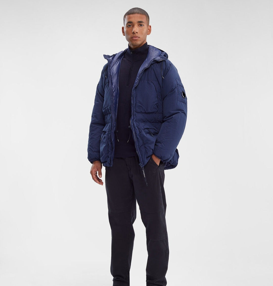 Cp Company Long Flatt Nylon Lens Down Jacket in Peacoat