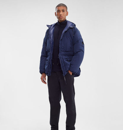 Cp Company Long Flatt Nylon Lens Down Jacket in Peacoat