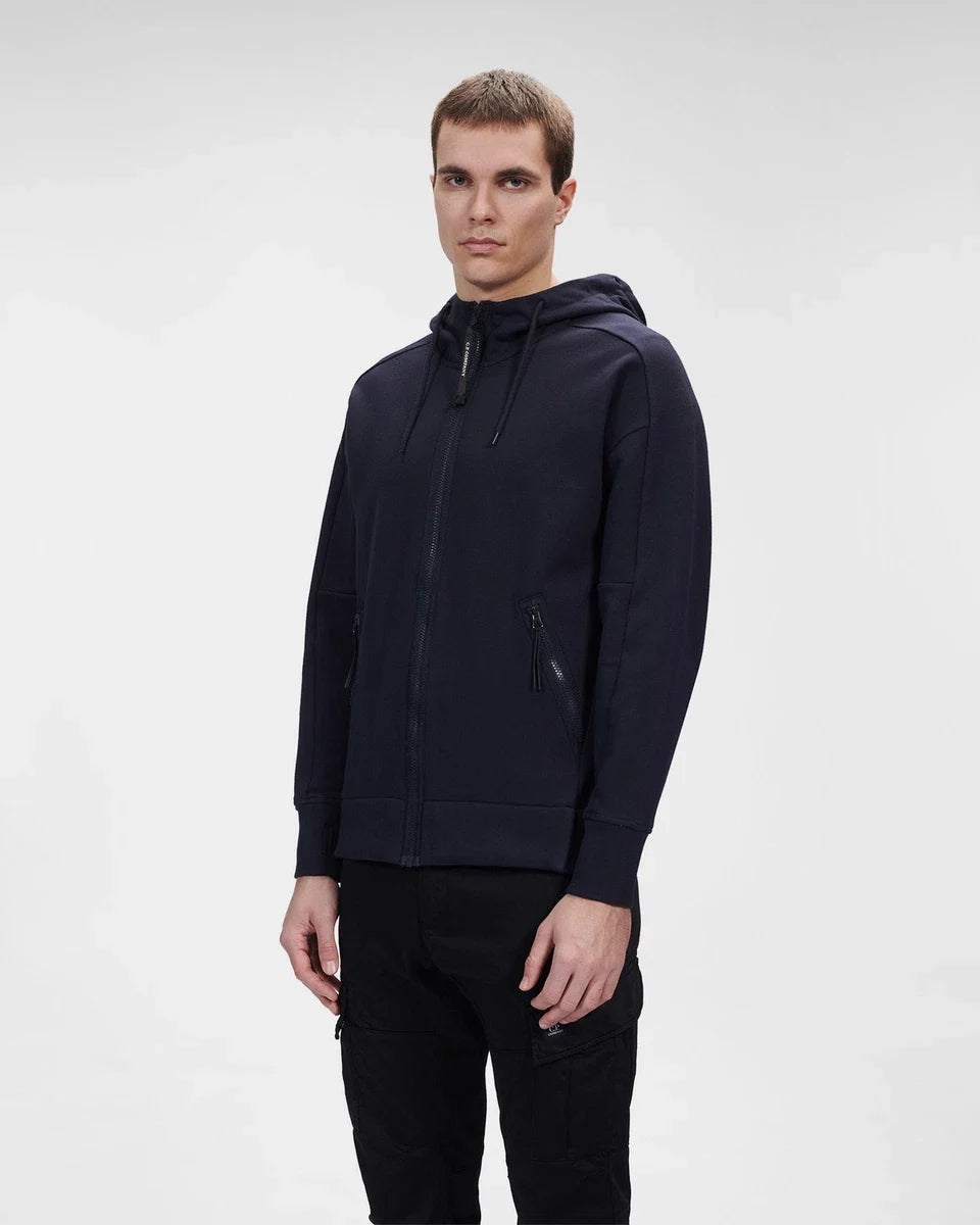 Cp Company Diagonal Raised Goggle Full Zip Hoodie In Navy
