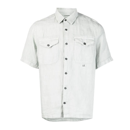 Cp Company Short Sleeve Logo Linen Shirt In White
