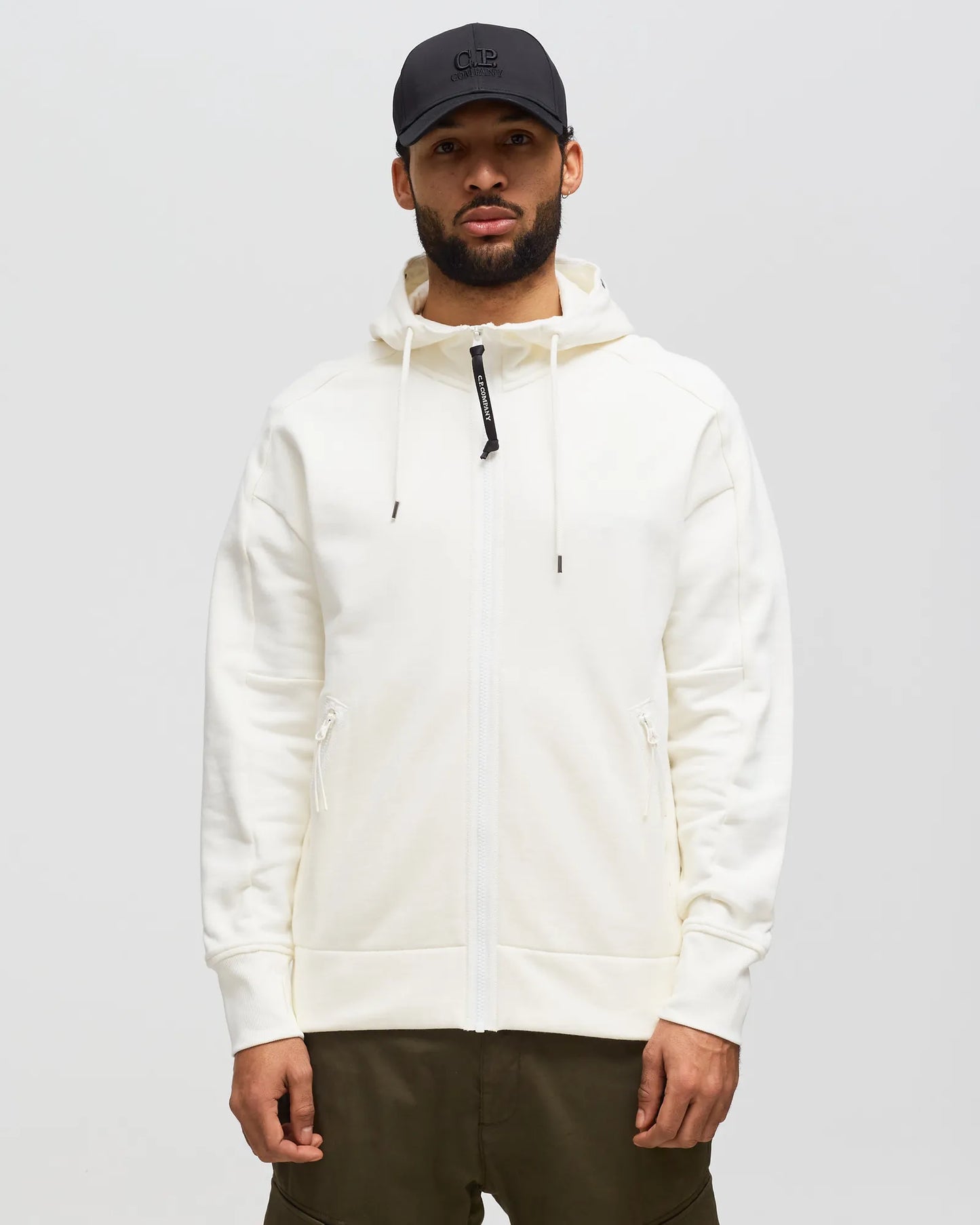 Cp Company Diagonal Raised Goggle Full Zip Hoodie In White