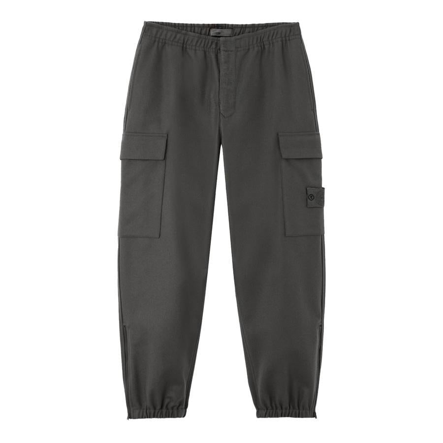 [Stone Island] Ghost Flannel Loose Fit Trousers with Elasticated Zipped Cuffs in Dark Grey
