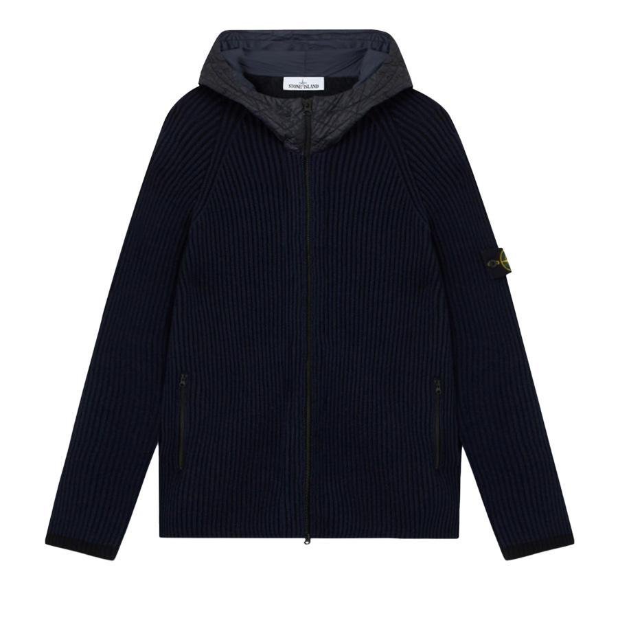 [Stone Island] Mixed Fabric Full Rib RWS Wool Hooded Zip-Up Jumper in Navy