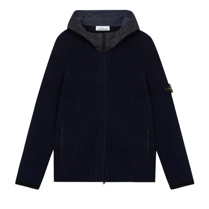 [Stone Island] Mixed Fabric Full Rib RWS Wool Hooded Zip-Up Jumper in Navy