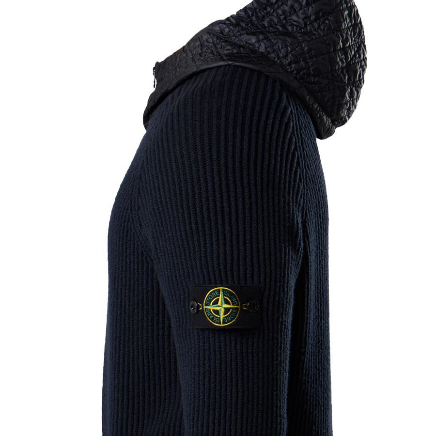 [Stone Island] Mixed Fabric Full Rib RWS Wool Hooded Zip-Up Jumper in Navy