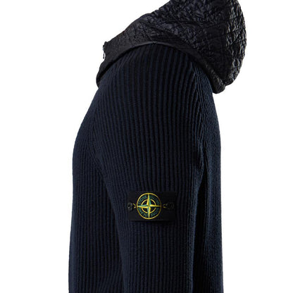 [Stone Island] Mixed Fabric Full Rib RWS Wool Hooded Zip-Up Jumper in Navy