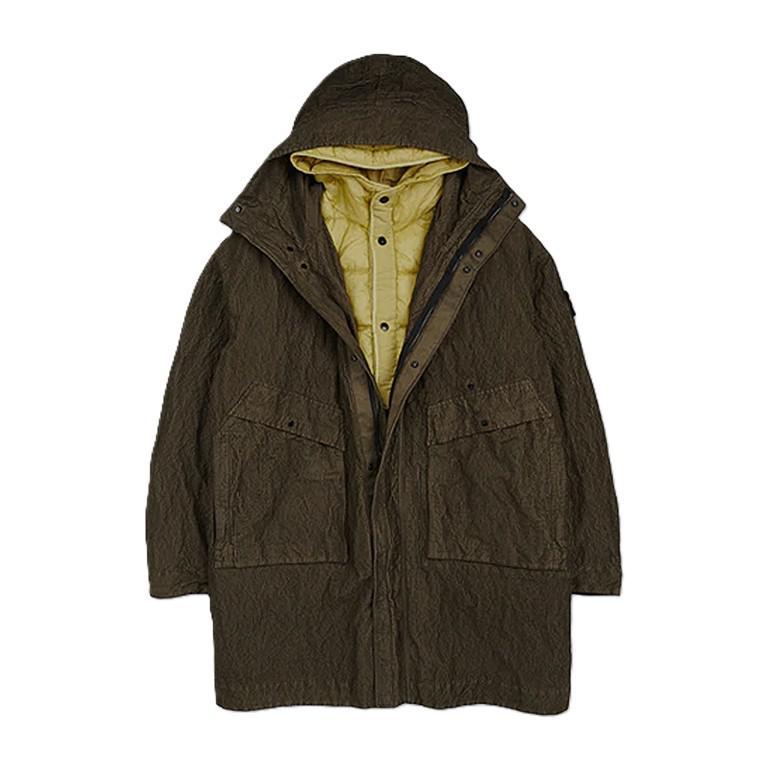 [Stone Island] Wrinkled Corduroy 500-TC Hooded Parka with Detachable Down Lining in Military Green