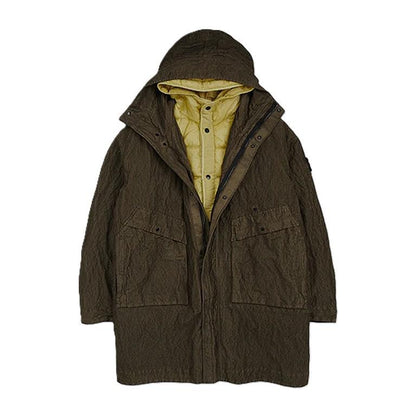 [Stone Island] Wrinkled Corduroy 500-TC Hooded Parka with Detachable Down Lining in Military Green